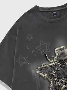 Custom Applique <b>Patchwork</b> Star Men’s <b>Shirts</b> Distressed Cotton Oversized Tshirts for Men Streetwear Graphic Custom Logo 240GSM - Product Image 3