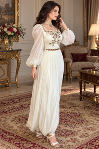 Mishkat Couture Caftan Maxi Marocain Karakou Ivoire Badroun Broderie à la main Fil de soie Perles Strass Ornements Cloche - Product Image 2