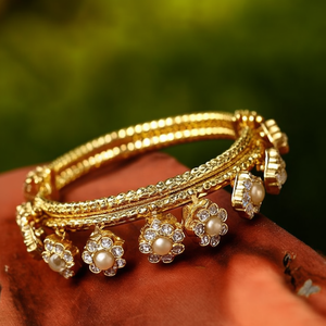Green Gold-Plated <b>Copper</b> Bracelets with Zircon and Pearl Classic Bezel Set <b>Bangles</b> for Wedding and Engagement - Product Image 3