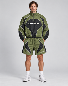 Conjunto de Chaqueta Cortavientos y Pantalones Cortos Personalizados al por Mayor, Unisex, Color Verde Oliva y Negro, Ropa Deportiva, Chándal con Logotipo Personalizado, Ropa Urbana Ligera - Product Image 3