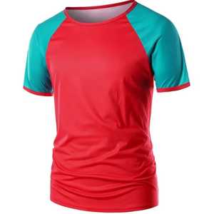 T-shirt homme rouge et vert sarcelle à manches raglan, col rond, séchage rapide, coupe ajustée, couleur unie, tricoté, haut tendance pour hommes. - Product Image 3