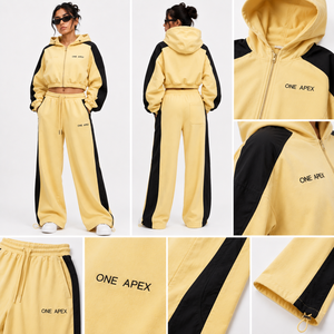 Ensemble de survêtement ONE APEX pour femme, comprenant un sweat à capuche court jaune beurre et un pantalon large à cordon de serrage en coton premium, style urbain - Product Image 6