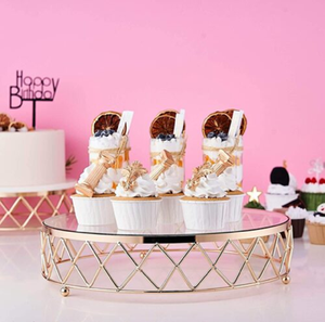 Stunning clear glass dessert riser features a geometric golden metal wire <b>frame</b> for party display available at wholesale prices. - Product Image 1