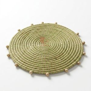 Coiled Handwoven Seagrass Round <b>Placemat</b> Green Stitched Wooden Bead Trim Heat-Resistant Customizable Boho Dining <b>Table</b> Charger - Product Image 1