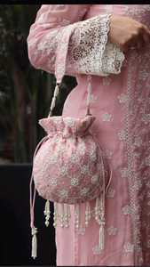 Handcrafted <b>Pink</b> Silk Potli Bag Golden Horse Embroidery Handle Women Wedding Drawstring <b>Purse</b> Ethnic Party Handbag Wholesale - Product Image 4