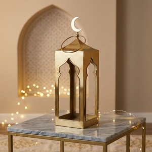 Wholesale Gold Plated Stainless Steel Metal Candle Holder Lantern Mosque Moon Design for Ramadan Decoration - Product Image 1