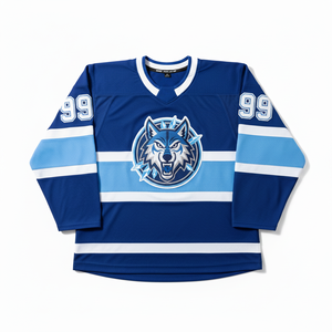 Maillot de hockey sur glace bleu personnalisé avec logo loup 99, impression sublimée, vêtements à manches longues pour hommes, anti-humidité - Product Image 1
