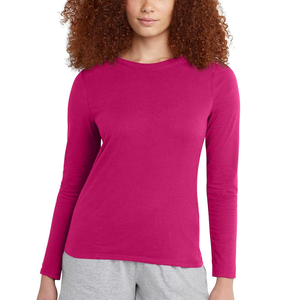 Nouveauté T-shirt en tricot à manches longues et col rond pour femme, couleur unie, 100% coton, coupe ajustée, respirant, vêtements décontractés - Product Image 1