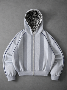 Sudadera con Capucha y Cremallera para Hombre, Gris a Rayas, Estilo Casual, Tejida en Algodón, Talla Grande, para Otoño - Product Image 1