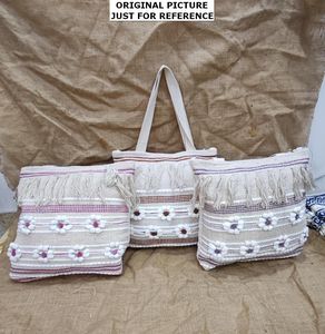 Bolso Tote Bohemio con Bordado de Cuentas, Diseño Panelado, Bolso de Hombro de Algodón para Mujer, con Cierre de Cremallera, Ideal para Compras de Verano - Product Image 4