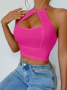Seamless Ribbed Halter Neck Active <b>Crop</b> <b>Top</b> Keyhole Front Tie Back Gym Bra High Stretch Athletic Fitness Yoga Tank - Product Image 4