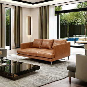 Canapé sectionnel de luxe en cuir véritable et bois de chêne importé, style classique moderne haut de gamme, pour villa, atelier, école et parc - Product Image 1