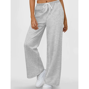 <b>Women's</b> Gray Knitted Wide Leg Cargo Pants High Waist Drawstring Regular Fit Full Length Solid Sporty Breathable Pockets Summer - Product Image 6