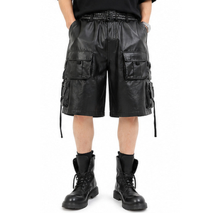 Shorts en similicuir streetwear avec logo personnalisé, fermeture à cordon, taille en cuir tressé, couleur noire, décontracté, pour homme - Product Image 1