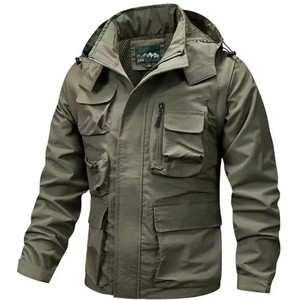 Veste Safari à Capuche Vert Olive pour Homme, Coupe-Vent en Polyester Rembourré, Style Vêtement de Travail, Fermeture Éclair, Multiples Poches, Idéale pour l'Automne - Product Image 1