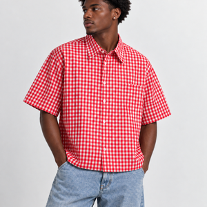 Custom <b>Red</b> Checkered Cuban Collar Short Sleeve Button up <b>Shirts</b> Company - Product Image 5
