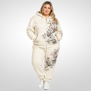 Ensemble survêtement molletonné imprimé écoresponsable pour femme grande taille – Sweat à capuche et pantalon décontracté pour l'hiver avec fermeture éclair intégrale et face en French Terry - Product Image 2