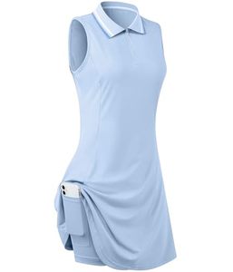 Robe de golf sans manches pour femme, col polo, bleu clair, couleur unie, tissu tricoté à séchage rapide, style décontracté et sportif - Product Image 1