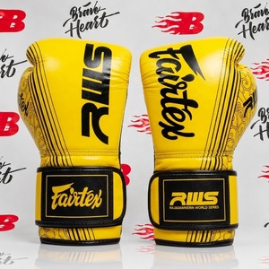 ถุงมือชกมวย Fairtex สำหรับฝึกซ้อม พร้อมแผ่นรองนุ่ม สีเหลืองและดำ ถุงมือชกมวยป้องกัน ทำจากหนังแท้ - Product Image 1