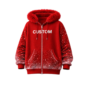 Sweat à capuche zippé pour homme, rouge, avec impression personnalisée, capuche en fourrure, polaire d'hiver, style streetwear, avec motif à pois dégradé - Product Image 1