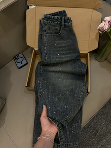 Jean en denim pour femme à strass, taille haute, coupe ample, délavé, jambe large, style mode - Product Image 2