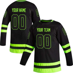 Camiseta de Hockey sobre Hielo Personalizada, Negra y Verde Neón, Cuello Redondo, Manga Larga, Sublimada, Transpirable, 100% Poliéster, para Adultos - Product Image 5