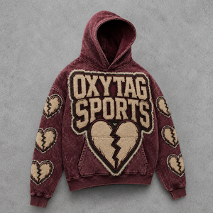 Sudadera con Capucha Premium Personalizada con Lavado Ácido, Estilo Urbano para Hombre, Vintage, Desgastada, con Parche de Chenilla de Corazón Roto - Product Image 1