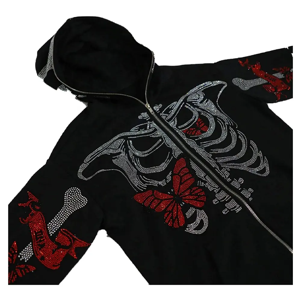 Full Zip Up Hoodies Women Men Graphic Print Sweatshirt Oversized Jackets Rhinestone Hoodie