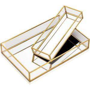 Modern Glass <b>Mirrored</b> Vanity Tray <b>Gold</b> Brass Metal Finish Decorative Trays for Coffee <b>Table</b> Perfume Organizer Serving Platters - Product Image 1