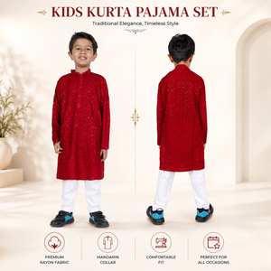 Conjunto Formal de Kurta y Pijama para Niños, con Lentejuelas y Bordados de Rayón |   Camisa Tradicional Étnica de Manga Larga con Cuello Mandarín para Fiestas en India - Product Image 4