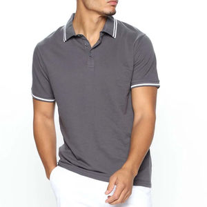 Polo de Manga Corta para Hombre, Color Sólido, Corte Regular, Informal, Transpirable, de Algodón Piqué, Gris con Cuello con Ribete Blanco - Product Image 1
