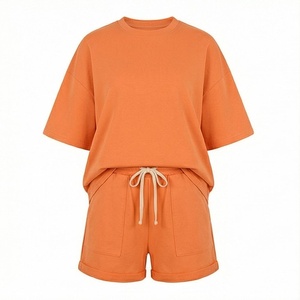 Women's Orange 2 Piece Knitted Shorts <b>Set</b> Crew Neck Short Sleeve Loose Fit Solid Color Casual Above Knee Home Wear <b>Twin</b> <b>Set</b> - Product Image 1