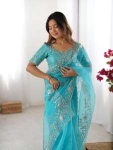 Indian Traditional Silk Saree for Women Ethnic Bridal Wedding Wear Recycled <b>Materials</b> Moisture Wicking Heavy Thread <b>Sequin</b> - Product Image 2