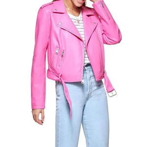 Veste moto en cuir PU rose pour femme, écologique, imperméable, manches longues, fermeture éclair, col rabattu, couleur unie, style automne - Product Image 3