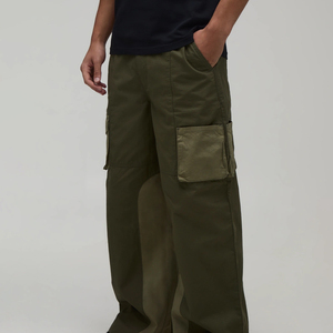 Men's Wide Leg Cargo Pants Multiple <b>Pockets</b> Fleece Breathable Eco-Friendly Quick Dry Elastic Waist Autumn Casual <b>Trousers</b> - Product Image 1