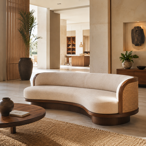 Sofá Moderno Curvo de Madera de Teca con Panel de Mimbre Tejido, Tapizado, para Sala de Estar, Hotel, Villa - Product Image 6