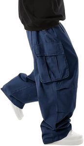 Pantalones Cargo Harem Azules para Hombre, Cintura Elástica, Múltiples Bolsillos, Estilo Urbano, Corte Holgado, Transpirables, de Lona - Product Image 2