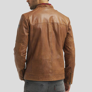 Veste en cuir véritable pour homme, marron, fermeture éclair, col rabattu, style décontracté, automne, coupe ajustée, longueur standard - Product Image 3