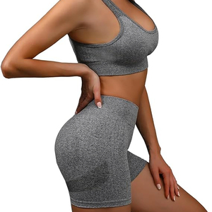 Conjunto Deportivo de Yoga para Mujer, 2 Piezas, Casual, Sólido, Poliéster/Algodón, Sin Costuras, Top Acanalado, Shorts Ajustados, Ropa Deportiva - Product Image 4