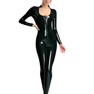 Mono de Mujer Negro con Recubrimiento de PU, Manga Larga, Cuello Redondo, Cintura Alta, Ajuste Ceñido, Largo Completo, Color Sólido con Cremallera, Ropa de Club - Product Image 1