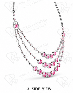 Elegant Layered Station Pink Lab Diamond <b>Necklace</b> Premium Sterling Silver Bezel Set Cascading Row Luxury Occasion Fine Jewelry - Product Image 2