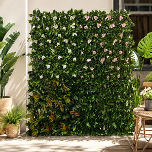 Panel de Césped Artificial Expandible con Hojas Verdes, Muro de Setos Sintético con Flores para Decoración de Patio y Jardín Exterior - Product Image 1