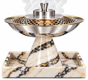 Wholesale Middle Eastern Traditional Oudh <b>Incense</b> Burner Featuring Ornate Cutout Gold Lid and Natural Marble <b>Cone</b> Stand - Product Image 1