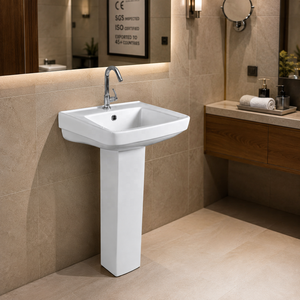 Juego de Lavabo Torus con Pedestal, Rectangular, Grifo Monomando, Diseño Minimalista, Acabado Cromado, Desagüe, Montaje en Suelo, para Baño - Product Image 2