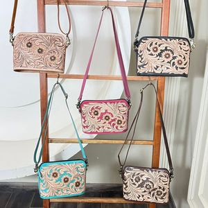 Western Style Hand Tooled Turquoise Leather Floral Design Handbags Wholesale custom Designer Crossbody Sling <b>Bags</b> for Female - Product Image 5