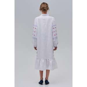 Vestido Midi de Lino Blanco Bordado para Mujer al por Mayor, Kurti Étnico con Cinturón y Dobladillo con Volantes, Cintura Natural Ecológica - Product Image 4