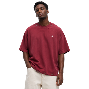 T-shirt homme surdimensionné en coton teint en pièce 100% avec détails œillets personnalisés, ourlet découpé, clous et col orné, style Hip Hop - Product Image 1