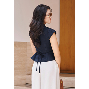 Chaleco de Traje NERINA para Oficina, Elegante, Azul Marino, con Solapa con Muescas, Manga Casquillo, Lazos Traseros y Peplum, para Mujer de Oficina, ODM OEM - Product Image 3