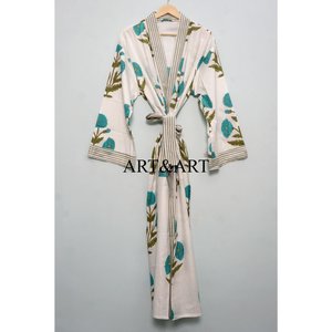 Robe kimono longue en coton pour femme, imprimé floral, lavable, confortable, tenue de nuit, robe de demoiselle d'honneur, tenue de plage, faite à la main - Product Image 1