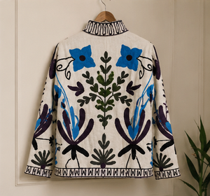 Vintage <b>Jacket</b> Cotton Blue Floral Print <b>White</b> Base Hand Embroidered Look Boho Statement Jaipuri Coat <b>Women</b> Outerwear Boutique - Product Image 1